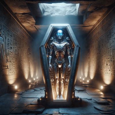 The primary subject of the image is a robotic skeleton, which is the main object, scene, or focus of the image. The robotic skeleton is standing in a tomb, which serves as the setting or background of the image. The visual style of the image is digital art, as it is a computer-generated or digitally created image. The colors and mood of the image are dark and eerie, as the robotic skeleton is surrounded by a tomb and the overall atmosphere is somber.